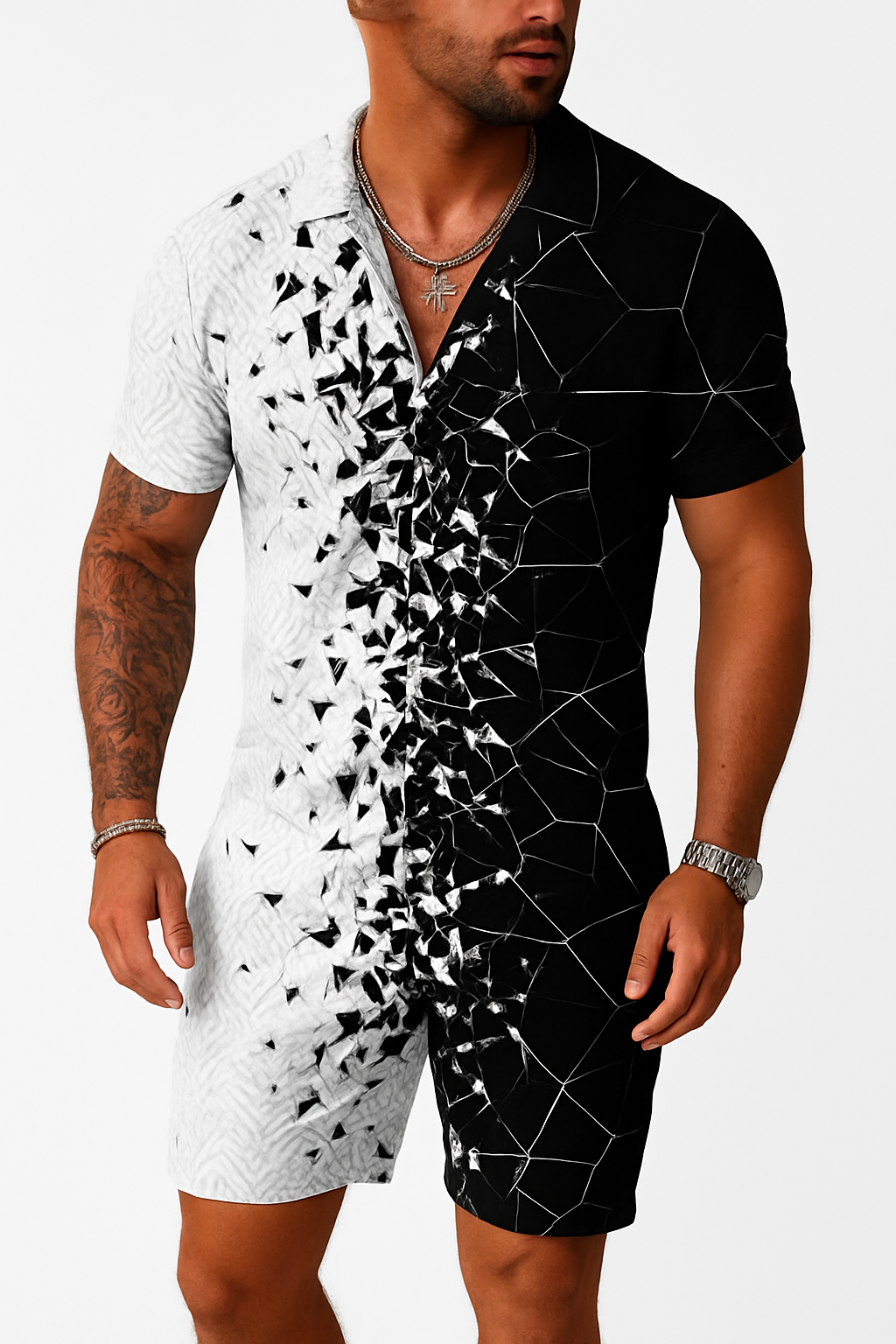 Men's Trendy Short Sleeve Zip-Up Romper