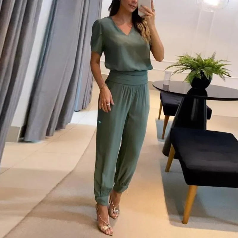 Women's  Two-Piece Set with V-Neck Top