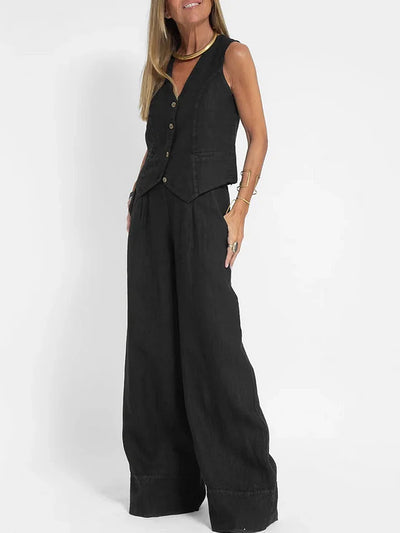 Plain Two-piece Linen Women's Suit with Gilet and Pants for Summer