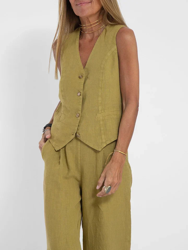 Plain Two-piece Linen Women's Suit with Gilet and Pants for Summer