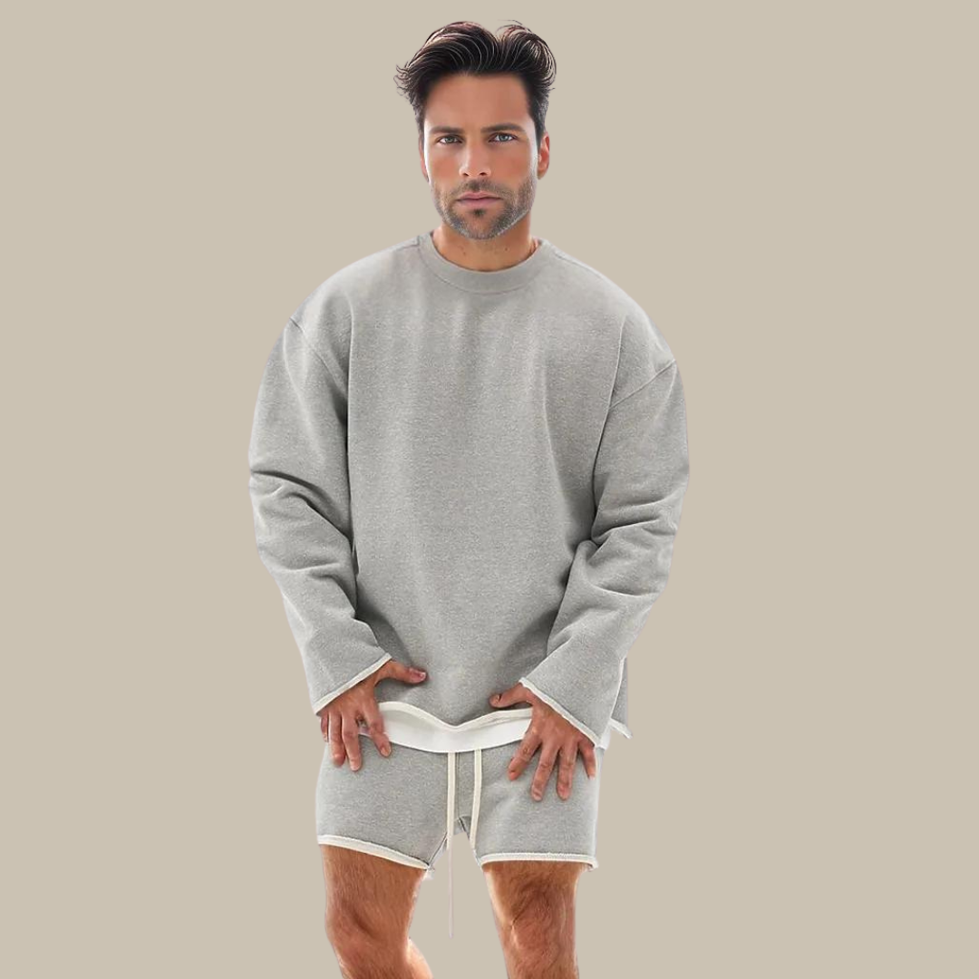 Plain Casual two-piece set with oversized sweatshirt and shorts for men