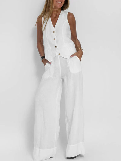 Plain Two-piece Linen Women's Suit with Gilet and Pants for Summer