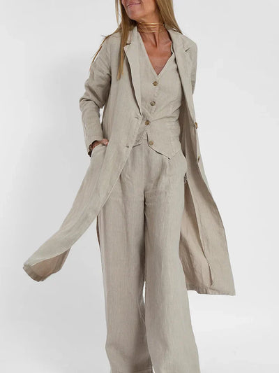 Plain Two-piece Linen Women's Suit with Gilet and Pants for Summer