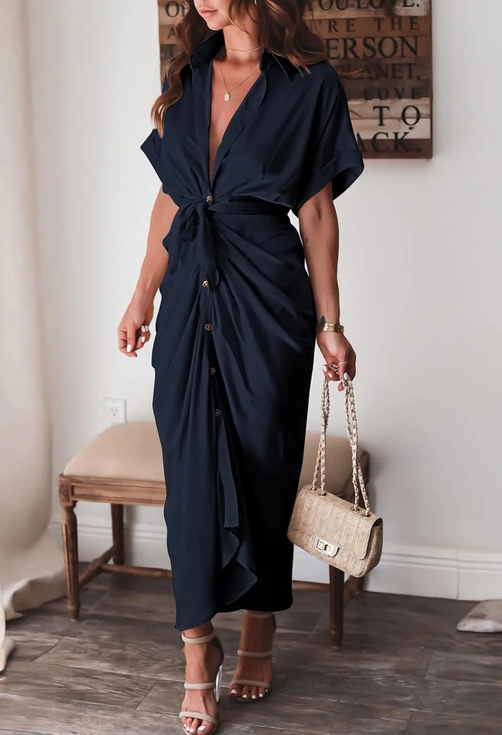Women’s Fashionable Maxi Dress – Button-Front Design with Waist Tie and Draped Silhouette