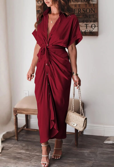 Women’s Fashionable Maxi Dress – Button-Front Design with Waist Tie and Draped Silhouette