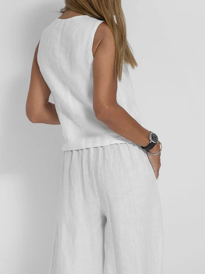 Plain Two-piece Linen Women's Suit with Gilet and Pants for Summer