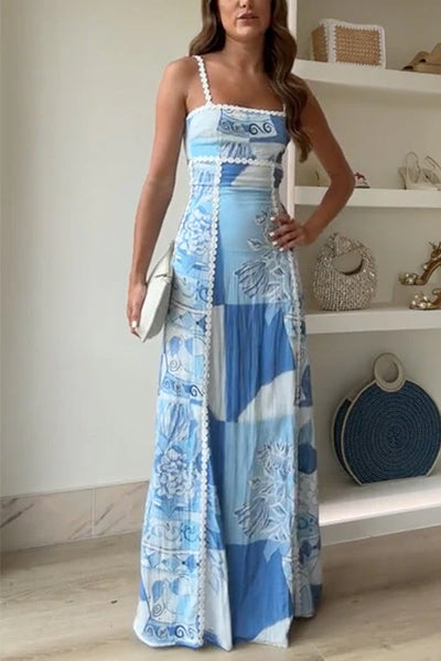 Women’s Patchwork Dress – Elegant Maxi Design with Blue and White Pattern Mix