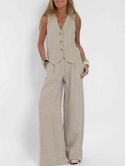 Plain Two-piece Linen Women's Suit with Gilet and Pants for Summer