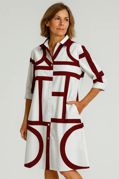 Women’s Geometric Print Dress – Modern Shirt Dress with Bold Black and White Design