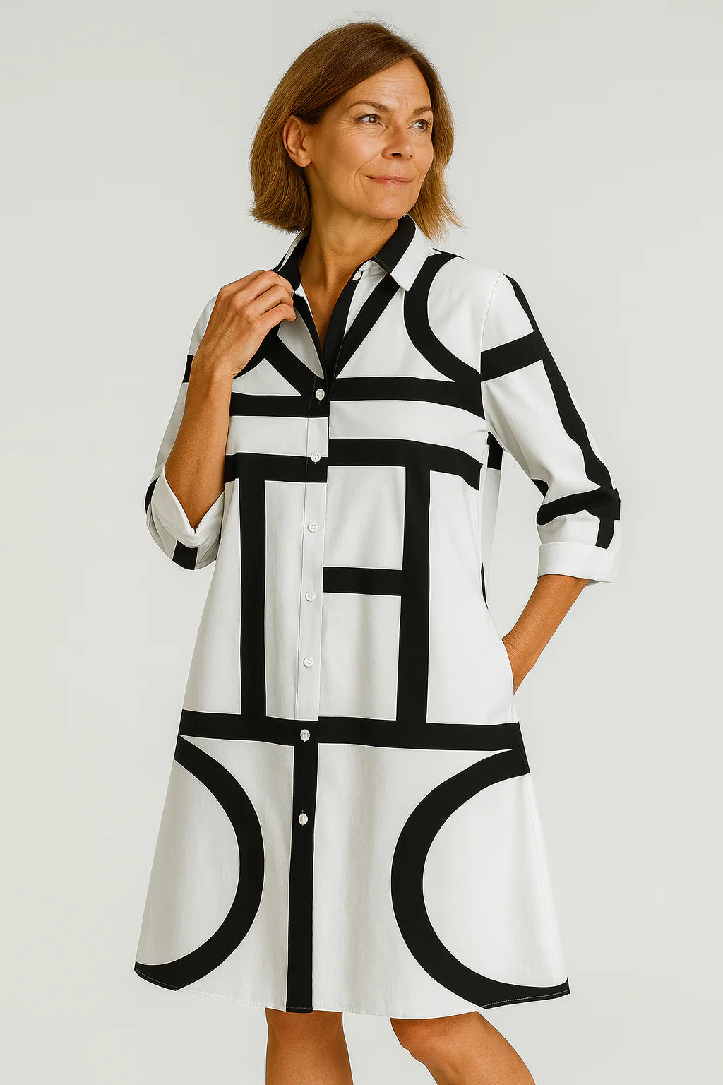 Women’s Geometric Print Dress – Modern Shirt Dress with Bold Black and White Design