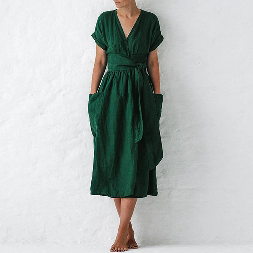 Women’s Wrap Dress – Short-Sleeve Midi Design with Flattering Waist Tie