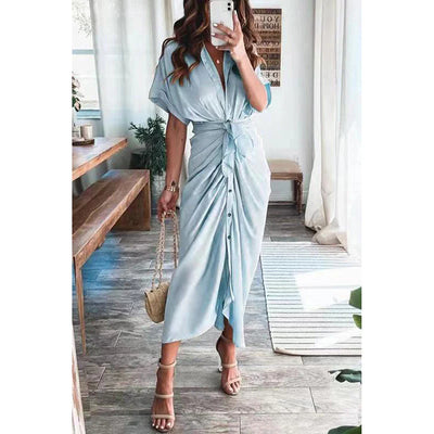 Women’s Fashionable Maxi Dress – Button-Front Design with Waist Tie and Draped Silhouette