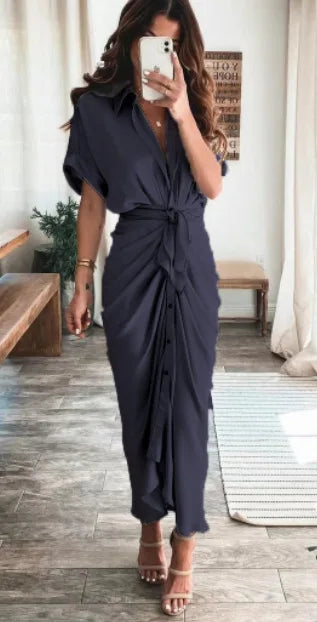 Women’s Fashionable Maxi Dress – Button-Front Design with Waist Tie and Draped Silhouette