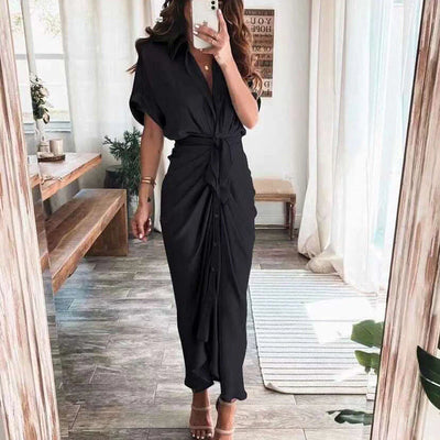 Women’s Fashionable Maxi Dress – Button-Front Design with Waist Tie and Draped Silhouette