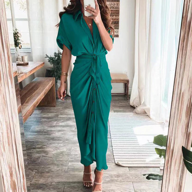 Women’s Fashionable Maxi Dress – Button-Front Design with Waist Tie and Draped Silhouette