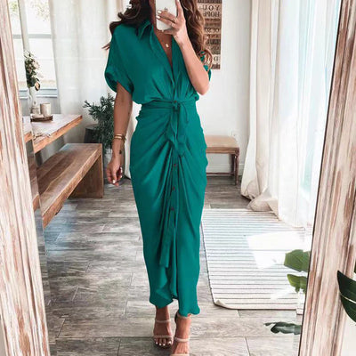 Women’s Fashionable Maxi Dress – Button-Front Design with Waist Tie and Draped Silhouette