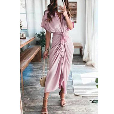 Women’s Fashionable Maxi Dress – Button-Front Design with Waist Tie and Draped Silhouette