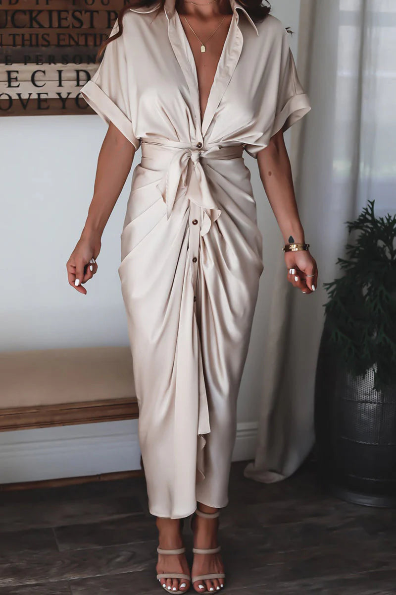 Women’s Fashionable Maxi Dress – Button-Front Design with Waist Tie and Draped Silhouette