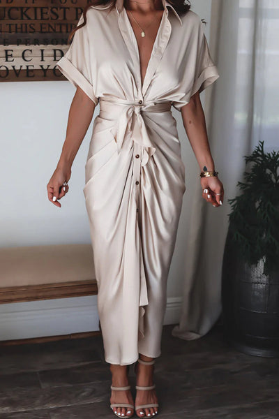Women’s Fashionable Maxi Dress – Button-Front Design with Waist Tie and Draped Silhouette