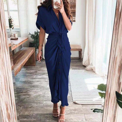 Women’s Fashionable Maxi Dress – Button-Front Design with Waist Tie and Draped Silhouette