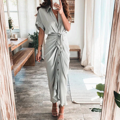 Women’s Fashionable Maxi Dress – Button-Front Design with Waist Tie and Draped Silhouette