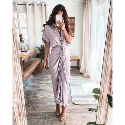 Women’s Fashionable Maxi Dress – Button-Front Design with Waist Tie and Draped Silhouette