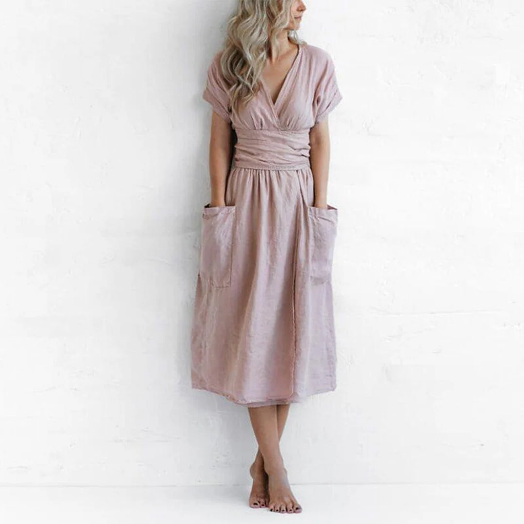 Women’s Wrap Dress – Short-Sleeve Midi Design with Flattering Waist Tie