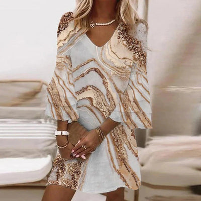 Women’s Stylish Mini Dress – Abstract Marble Print with Flared Sleeves and V-Neckline