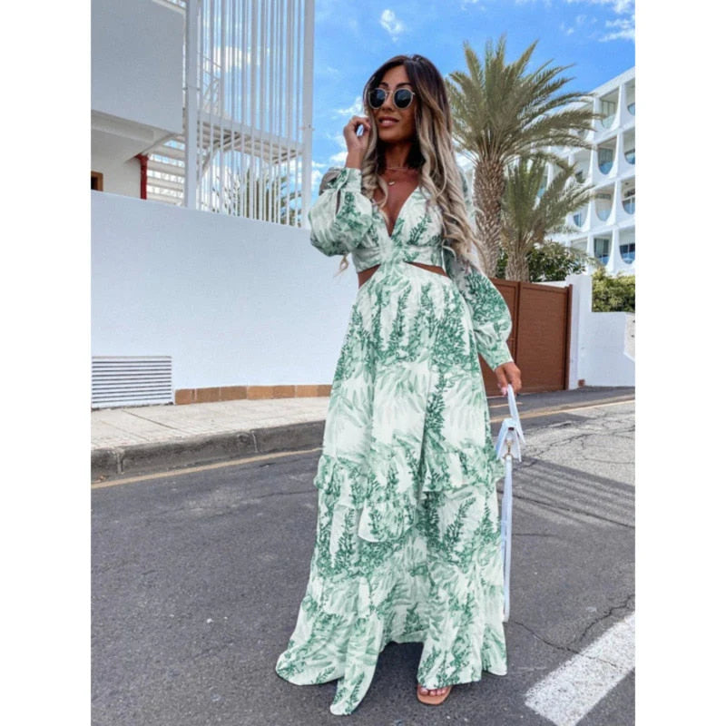 Women’s Elegant Maxi Dress – Long-Sleeved Leaf Print Design with Flowing Silhouette