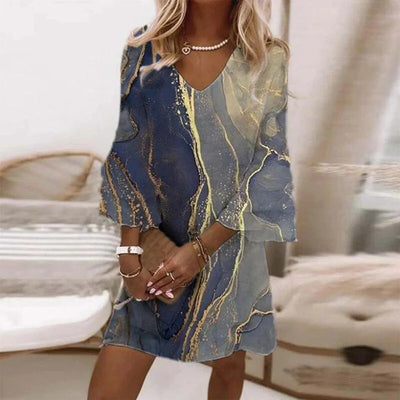 Women’s Stylish Mini Dress – Abstract Marble Print with Flared Sleeves and V-Neckline