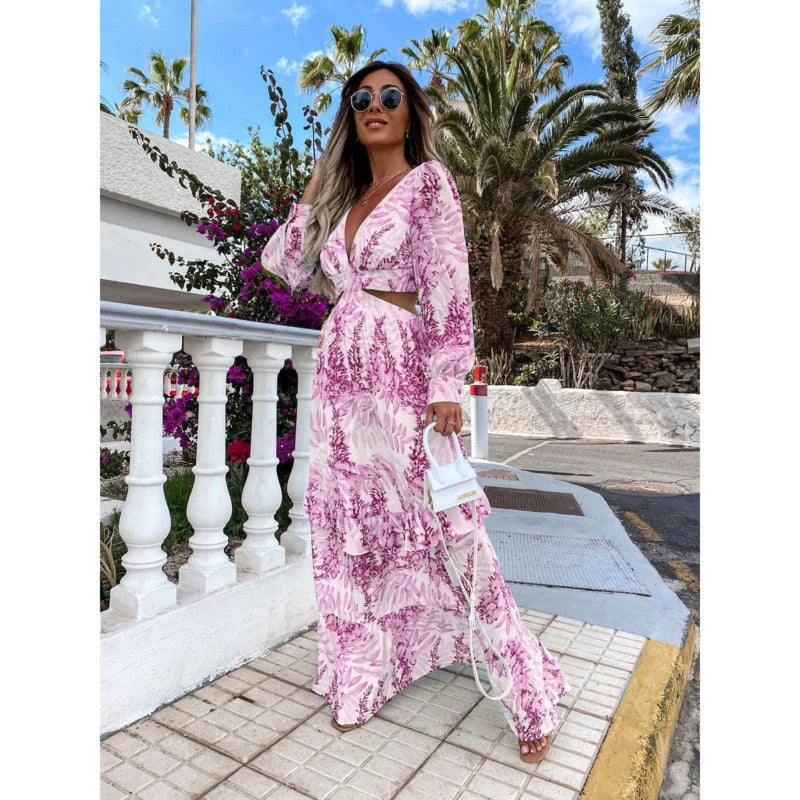 Women’s Elegant Maxi Dress – Long-Sleeved Leaf Print Design with Flowing Silhouette