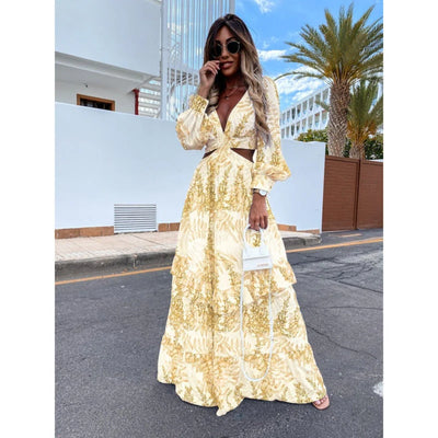 Women’s Elegant Maxi Dress – Long-Sleeved Leaf Print Design with Flowing Silhouette