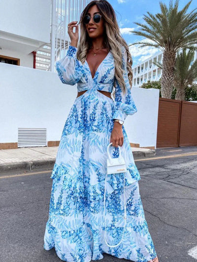 Women’s Elegant Maxi Dress – Long-Sleeved Leaf Print Design with Flowing Silhouette