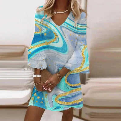 Women’s Stylish Mini Dress – Abstract Marble Print with Flared Sleeves and V-Neckline