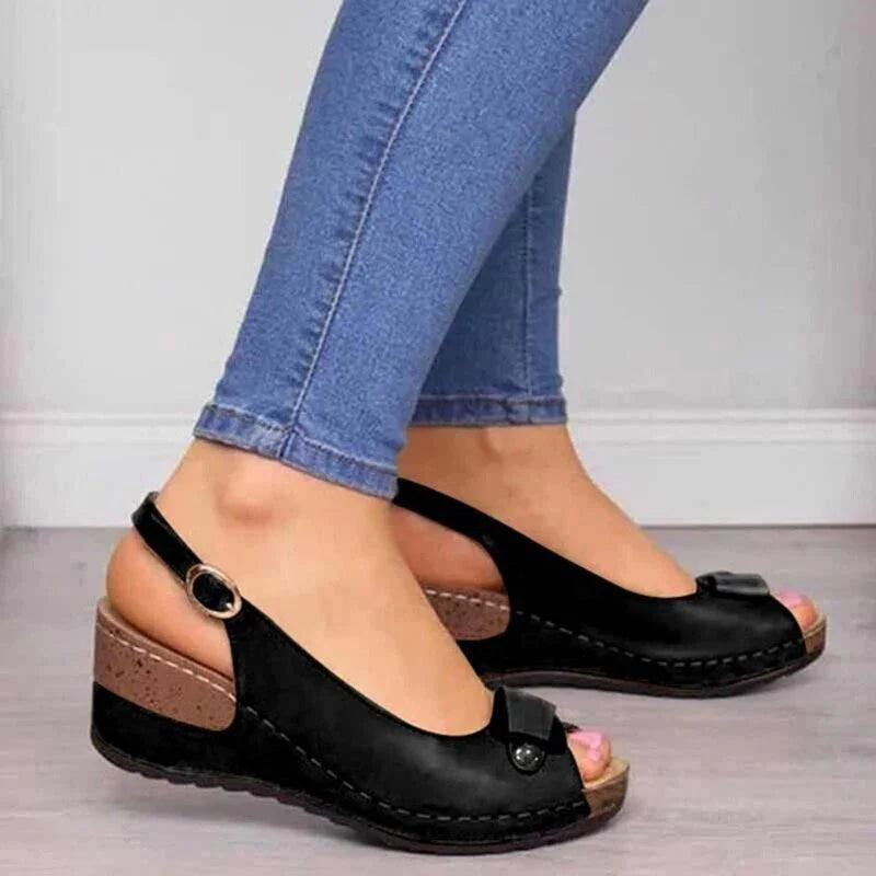 Women’s Casual Wedge Sandals – Open-Toe Design with Adjustable Strap and Bow Detail