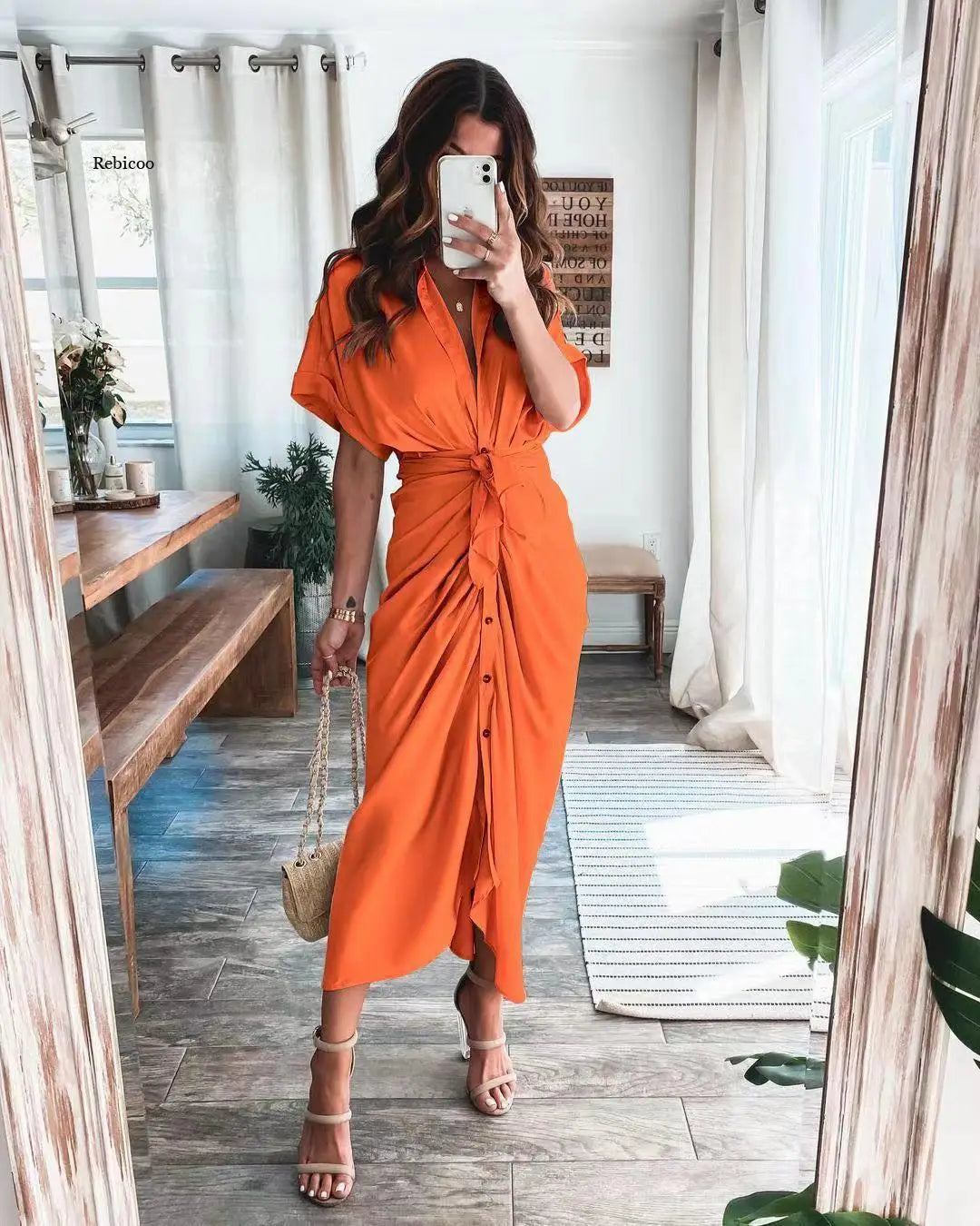 Women’s Fashionable Maxi Dress – Button-Front Design with Waist Tie and Draped Silhouette