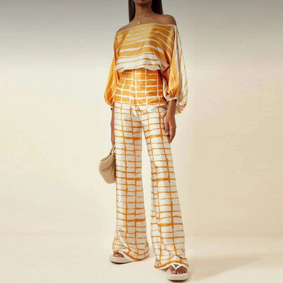 Women’s Summer Jumpsuit – Off-Shoulder Wide-Leg Design with Abstract Print
