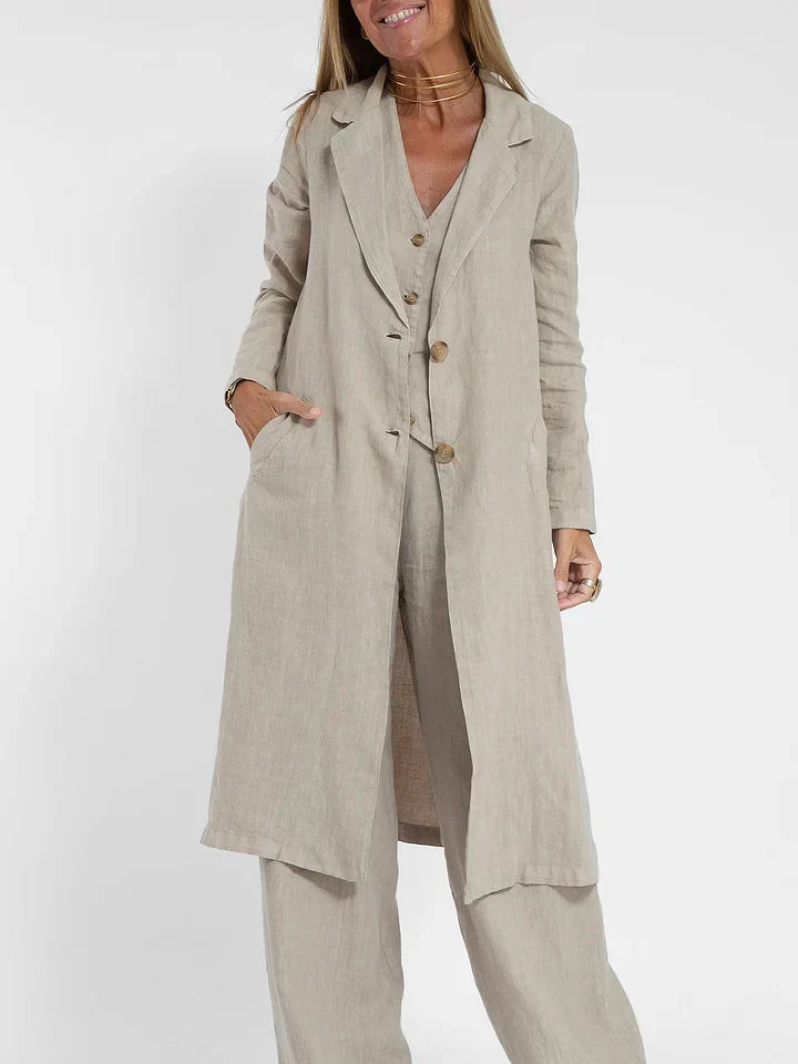 Plain Two-piece Linen Women's Suit with Gilet and Pants for Summer