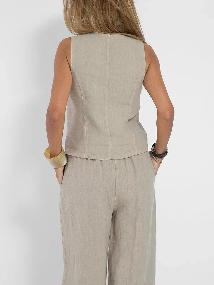 Plain Two-piece Linen Women's Suit with Gilet and Pants for Summer