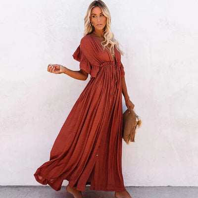 Deep V-neck Ladies Dress with Open Back Design