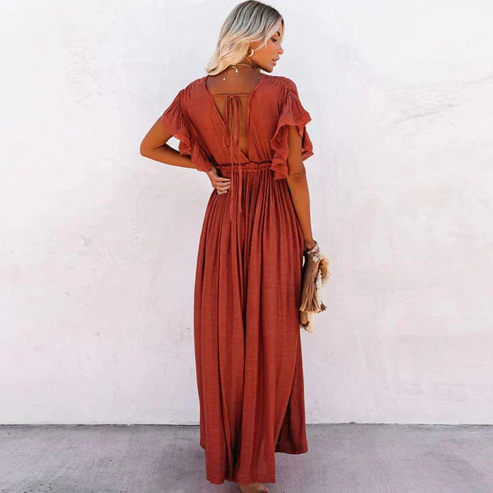 Deep V-neck Ladies Dress with Open Back Design