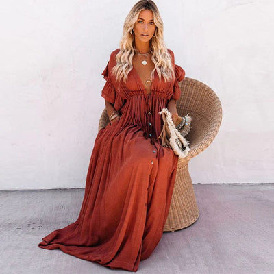 Deep V-neck Ladies Dress with Open Back Design