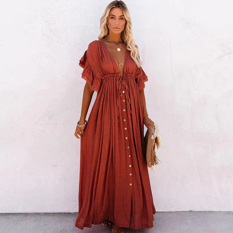 Deep V-neck Ladies Dress with Open Back Design