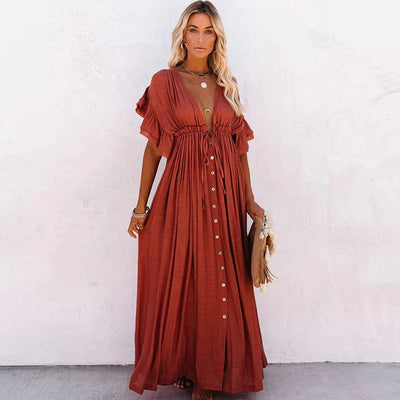 Deep V-neck Ladies Dress with Open Back Design