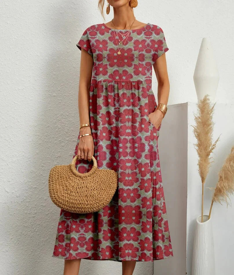 Women’s Boho Printed Dress – Short-Sleeve Floral Design for Effortless Summer Style