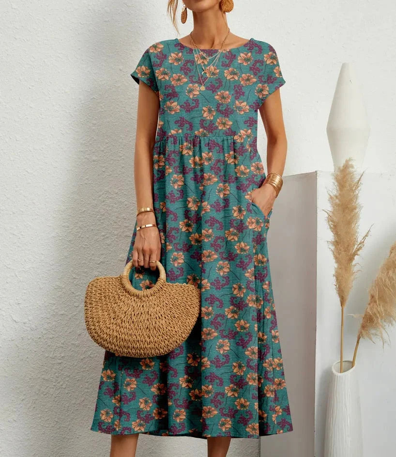 Women’s Boho Printed Dress – Short-Sleeve Floral Design for Effortless Summer Style