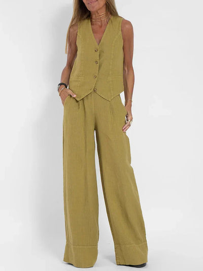 Plain Two-piece Linen Women's Suit with Gilet and Pants for Summer