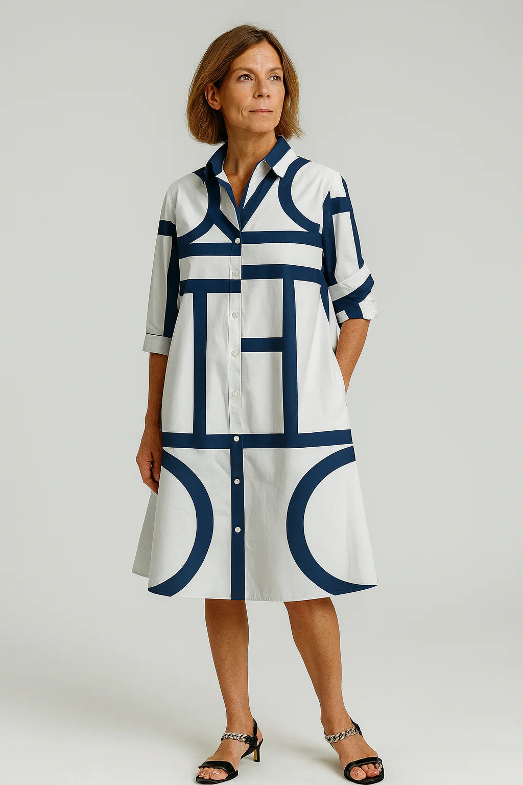 Women’s Geometric Print Dress – Modern Shirt Dress with Bold Black and White Design