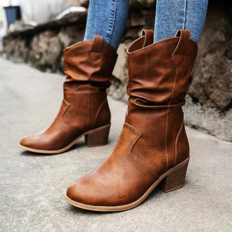 Women’s Classic Brown Slip-On Cowboy Boots
