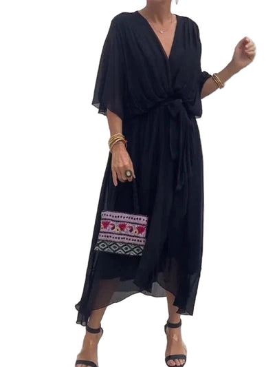 Women’s Elegant Chiffon Dress – Flowing V-Neck Design with Waist Tie and Sheer Overlay
